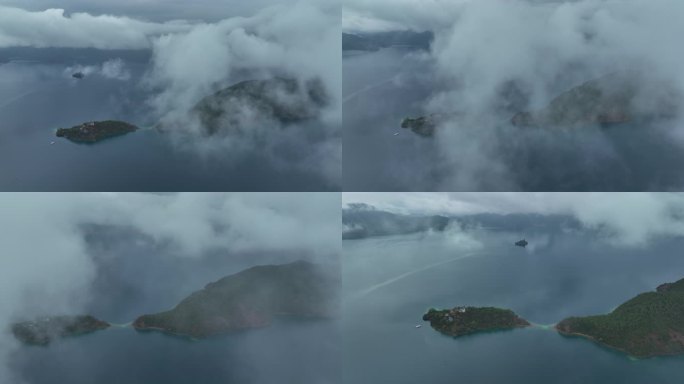 穿过云雾看到雨中泸沽湖女神湾