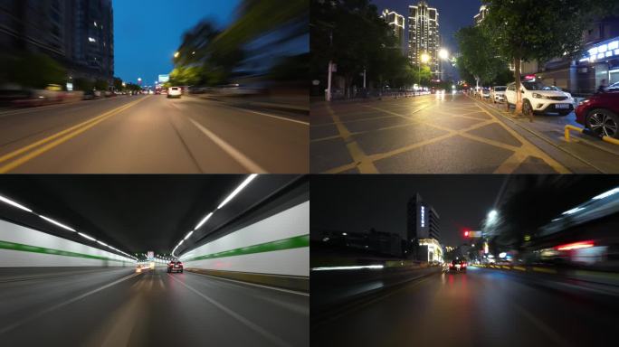 汽车视角城市夜景街道推进镜头