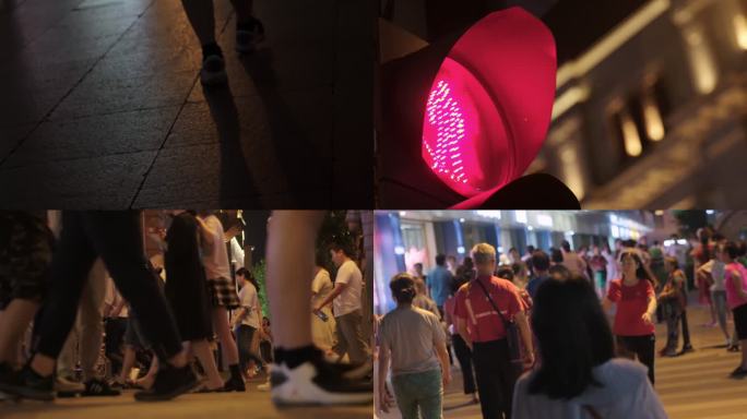 武汉城市夜景商业街人流交通灯过马路