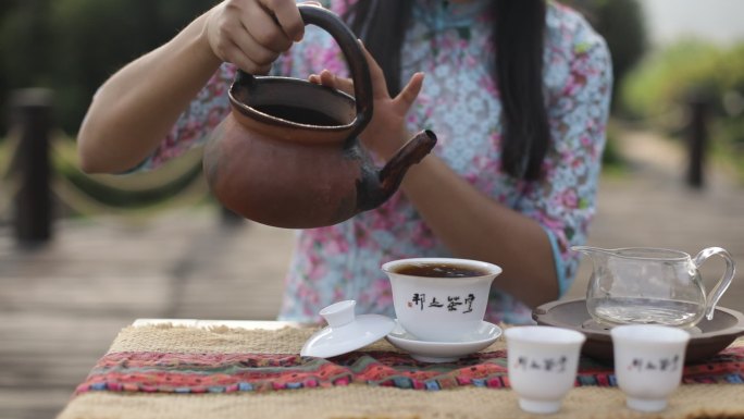 茶艺师展示茶艺讲解盖碗茶人物沏茶镜头