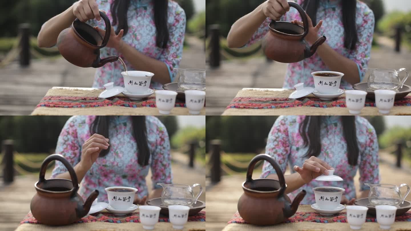 茶艺师展示茶艺讲解盖碗茶人物沏茶镜头