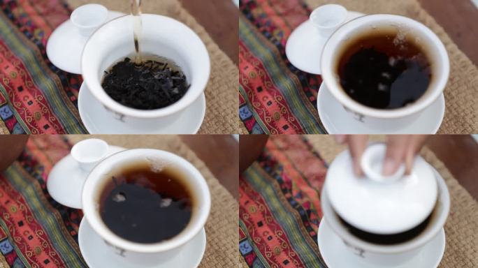 茶艺师展示茶艺讲解盖碗茶冲泡品流程特写
