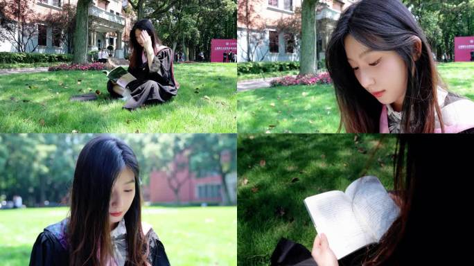 校园绿色草地上读书的大学生