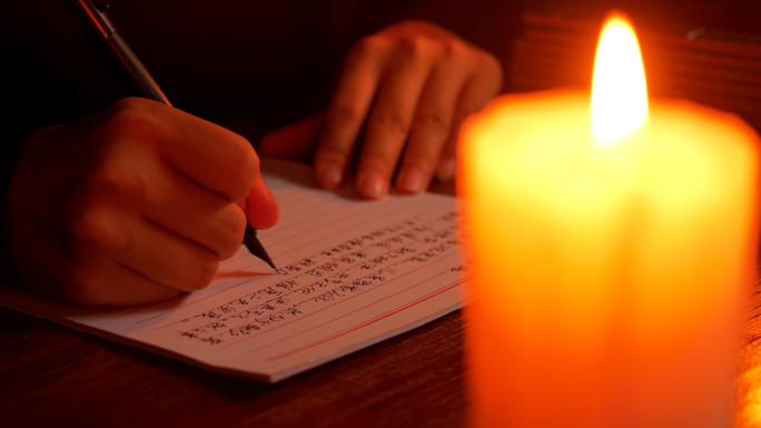 蜡烛下钢笔字写信民国时期学习寒窗苦读