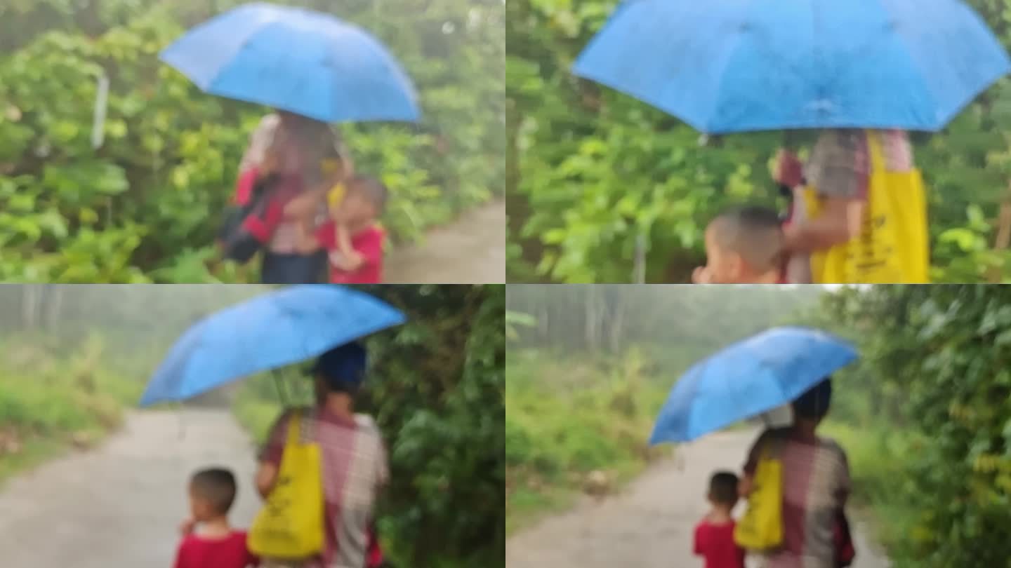 冒雨赶路大雨中行走乡间小道雨中走踏雨伞