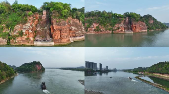 航拍四川乐山市乐山大佛岷江大渡河风景旅游