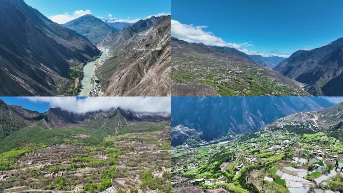 航拍四川甘孜甲居藏寨高山峡谷藏族蓝天白云