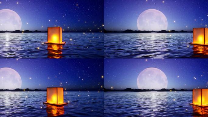 唯美月亮水面孔明灯002