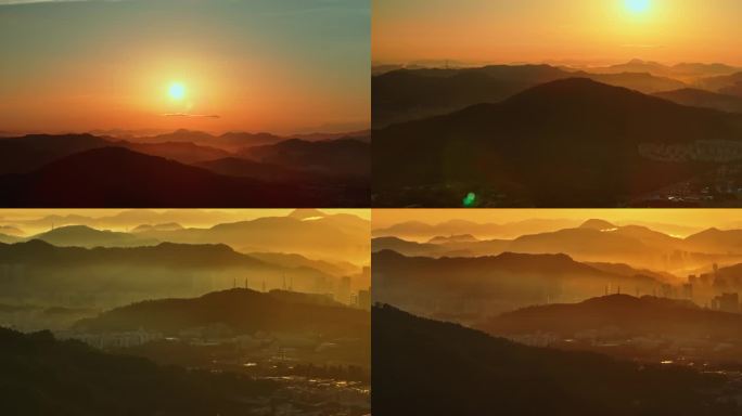 广州火炉山连绵山脉暖阳日出航拍4K视频
