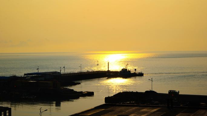 灵山岛夕阳 海岛落日 海岛晚霞 码头夕阳