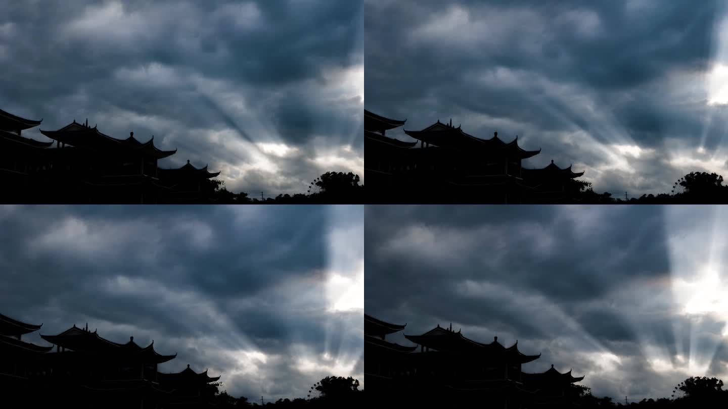 中式古建筑乌云满天风起云涌延时丁达尔光效