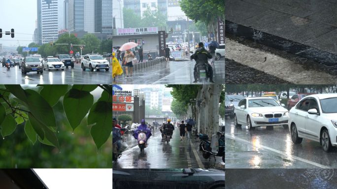 下雨的城市街道马路车流人群合集