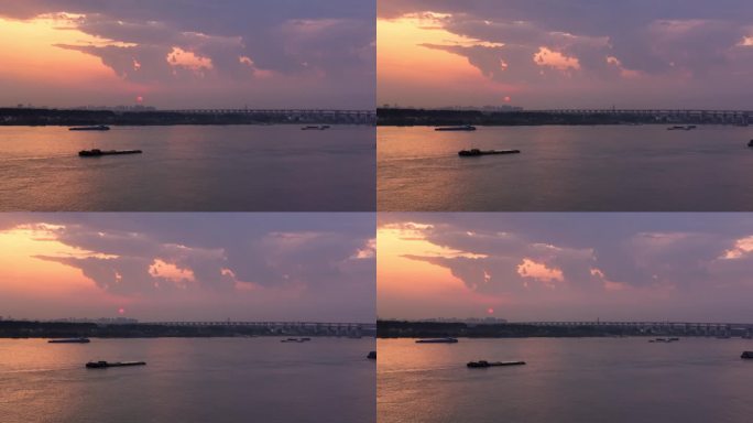 4K航拍夕阳下的滨江船浪漫