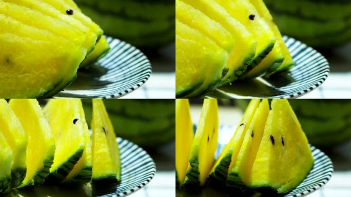 夏天多汁的黄色切片西瓜特写