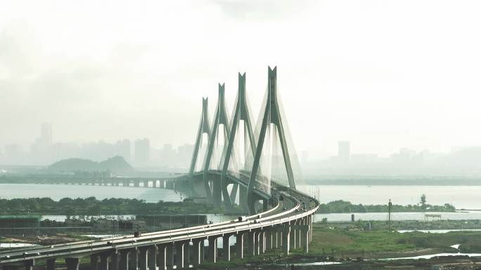 珠海洪鹤大桥与远处澳门4k版