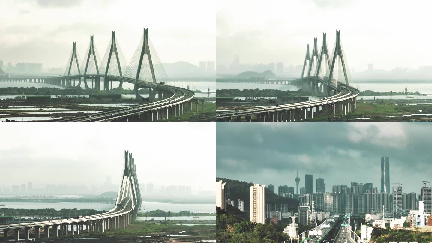 珠海洪鹤大桥与远处澳门4k版