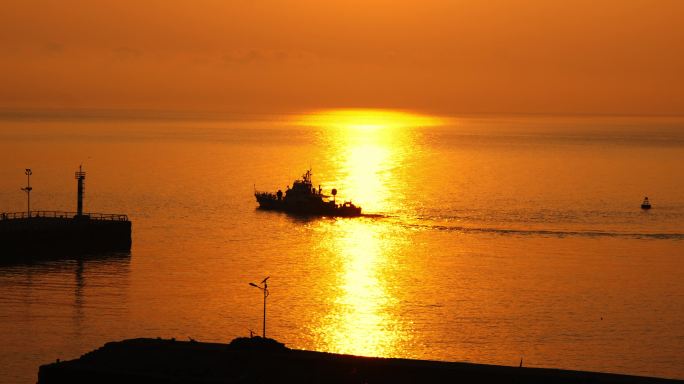 灵山岛夕阳 海岛落日 海岛晚霞 码头夕阳