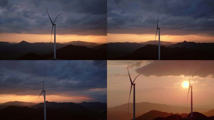 夕阳下的风车、绿色清洁能源【4K】3
