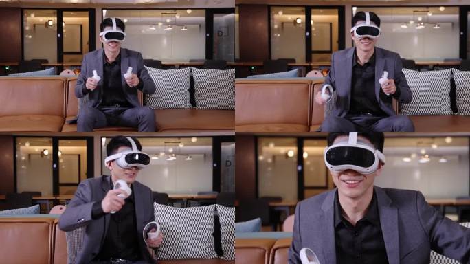 商务人士坐在沙发上玩VR游戏机