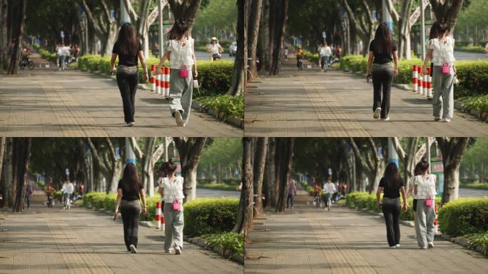 城市女性人物阳光城市道路人行道步道盲道