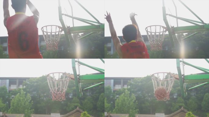 篮球入网阳光少年跳起投篮大学生打篮球健康