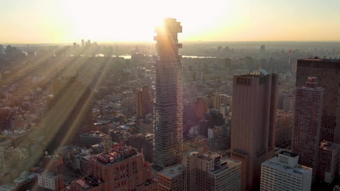 4K城市航拍纽约日出炮台公园摩天大楼阳光