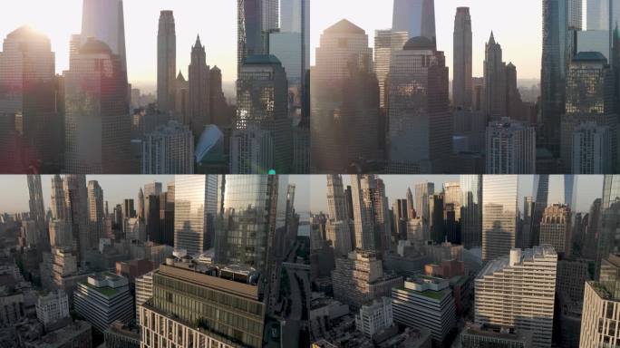 城市航拍纽约日出阳光照射摩天大楼炮台公园