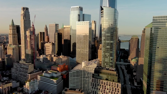 4K城市航拍纽约摩天大楼炮台公园汽车交通