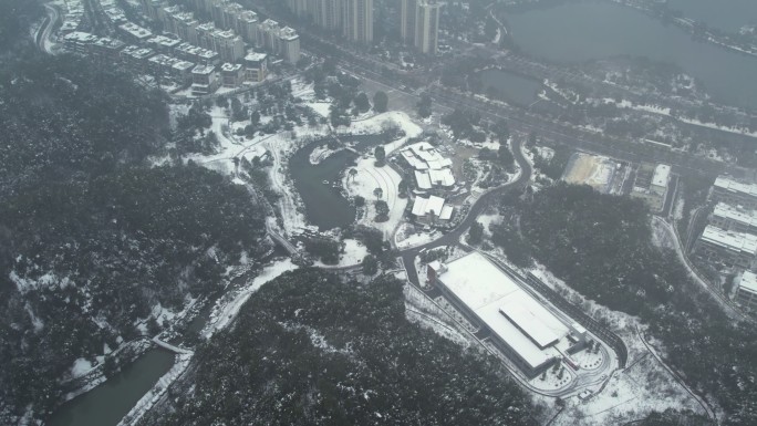 湖南长沙桃花岭公园雪景航拍