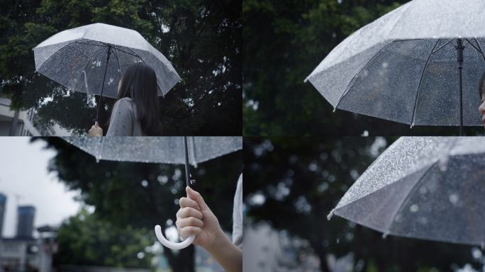 伤感雨天雨中撑伞的女孩孤独悲伤视频