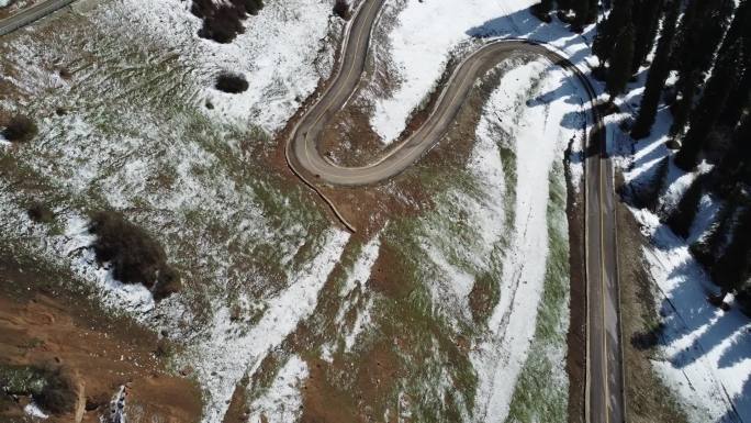 新疆伊犁库尔德宁大气壮观雪山公路丛林景色