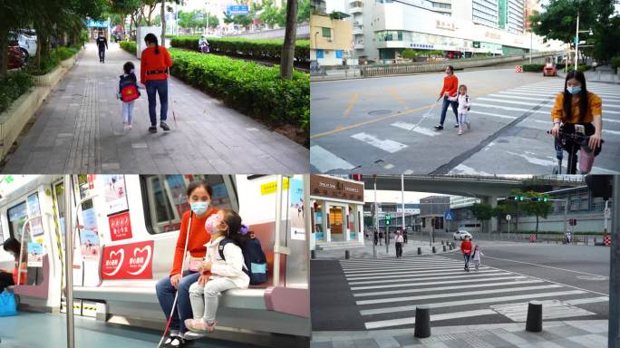 盲人过马路出行，拄着拐杖走路做地铁