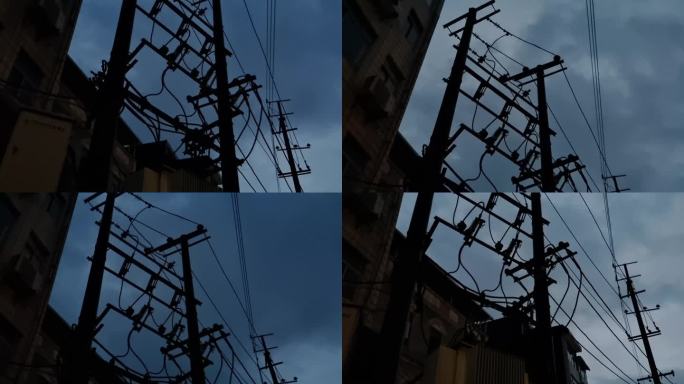 电力电线杆城市电力系统电力供电零晨的城市