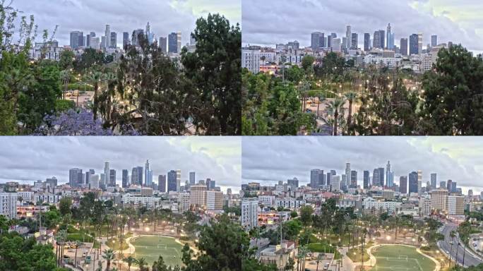 城市航拍加州洛杉矶麦克阿瑟公园城市天际线