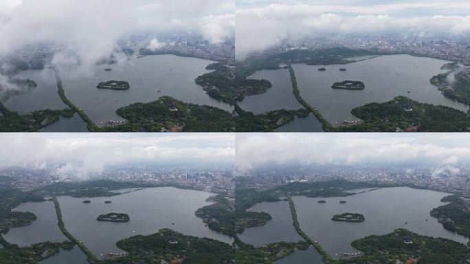 雨雾缭绕的西湖全景