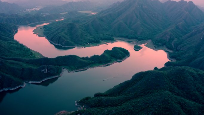 河北保定易县易水湖日落晚霞航拍