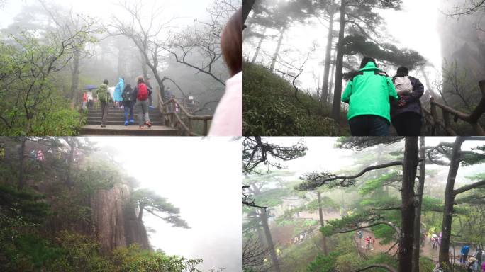 黄山风景 登山人群 爬山旅游