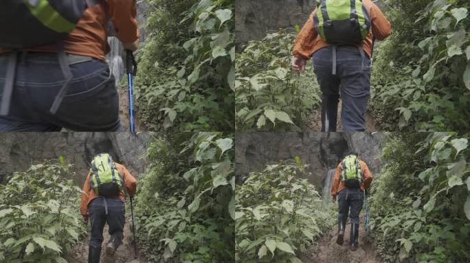 户外徒步探险泥泞小道爬山背包客脚步特写