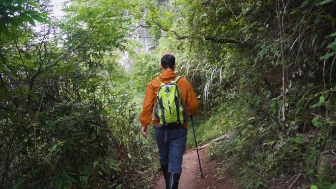 走进大自然穿过林间小道崎岖山路登山者探险