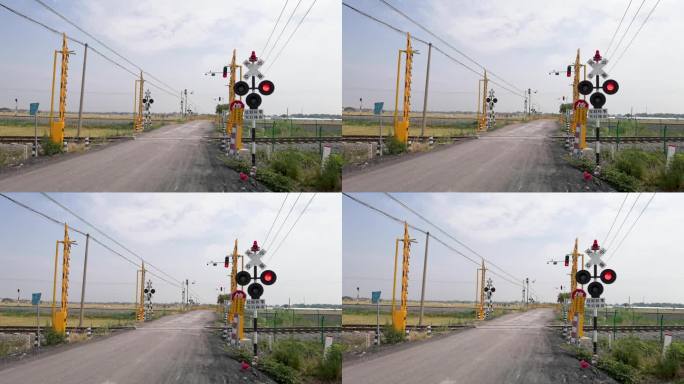 铁路道口信号灯交通标志道口栏杆小心火车