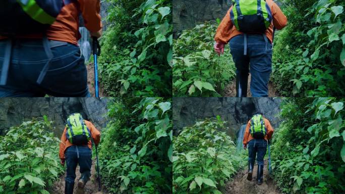 户外徒步探险泥泞小道爬山背包客脚步特写