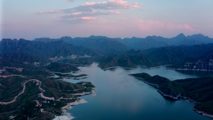 河北保定易县易水湖日落晚霞航拍