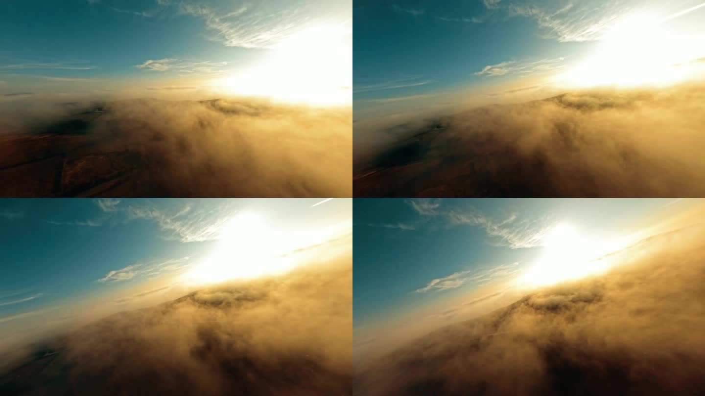 FPV穿越机无人机航拍日光照射白云蓝天