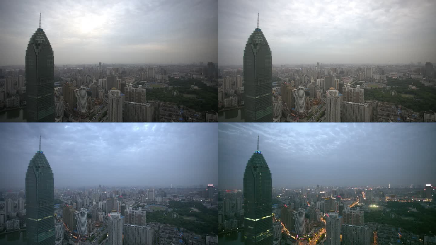 武汉城市鸟瞰 俯拍武汉金融区日转夜延时