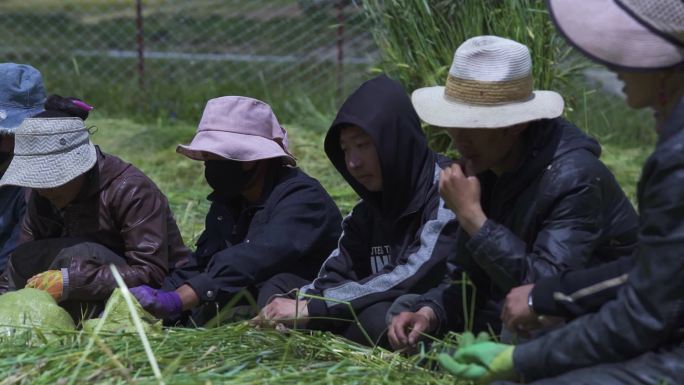 田间盘腿休息 遮阳帽 农民 老百姓