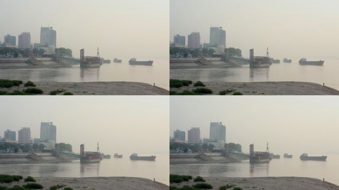 武汉汉口码头清晨渡轮驶离码头
