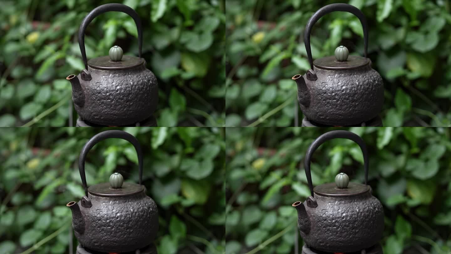 4K升格实拍，夏天大自然中铜壶碳火煮茶中