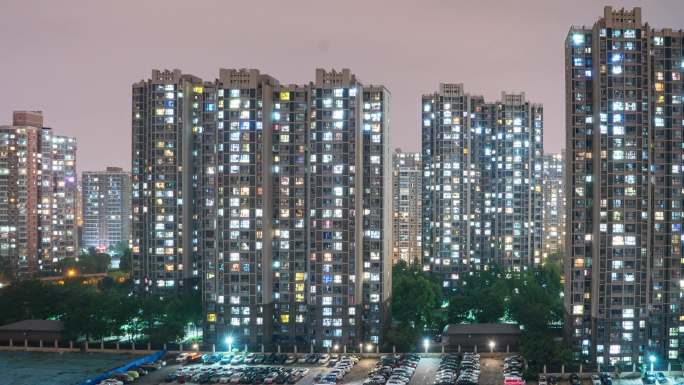 4K｜北京小区夜景居民楼万家灯火入夜延时