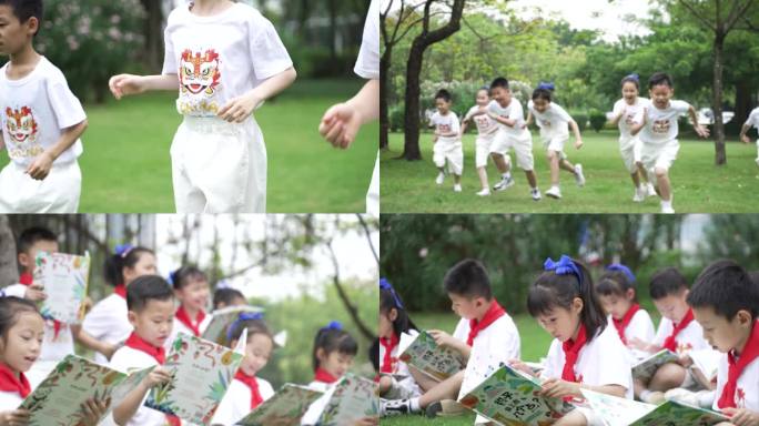 小学生在公园奔跑练操 读书 看书 吹泡泡