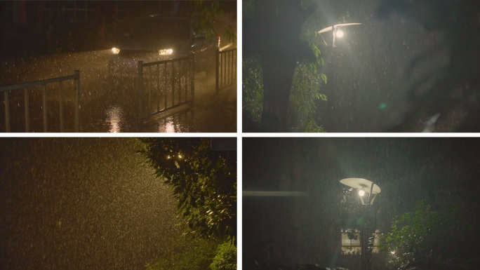 城市雨夜雨景暴雨下雨的夜晚唯美雨景下雨夜